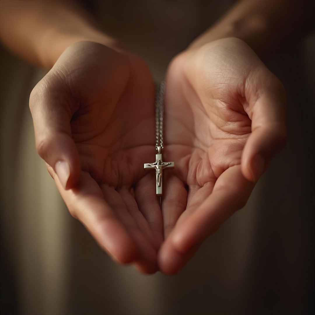 Close-up of hands holding a cross necklace, (2)