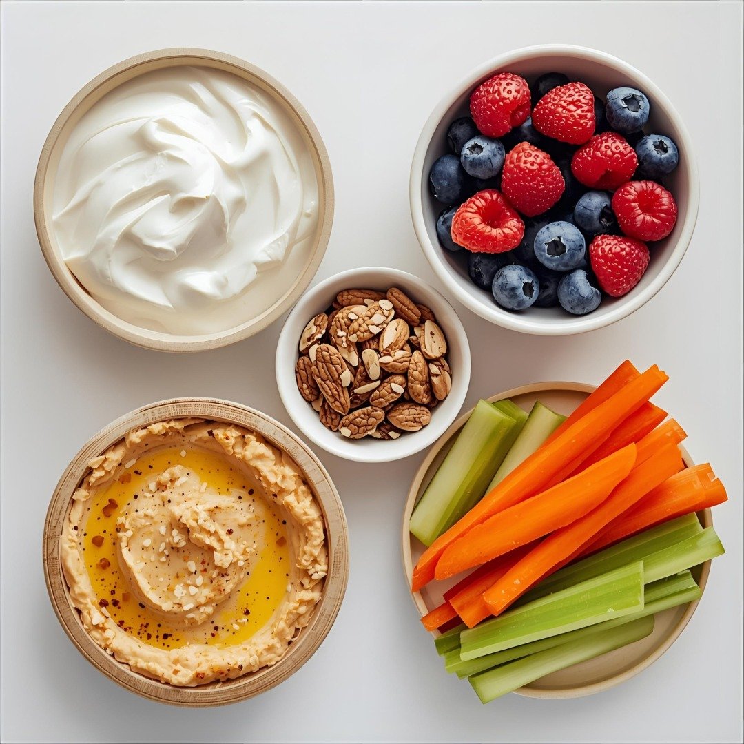 Flat lay of balanced snack options — Greek yogurt, berries, nuts, and hummus with veggies. Healthy late-night snack ideas including yogurt, berries, and hummus.