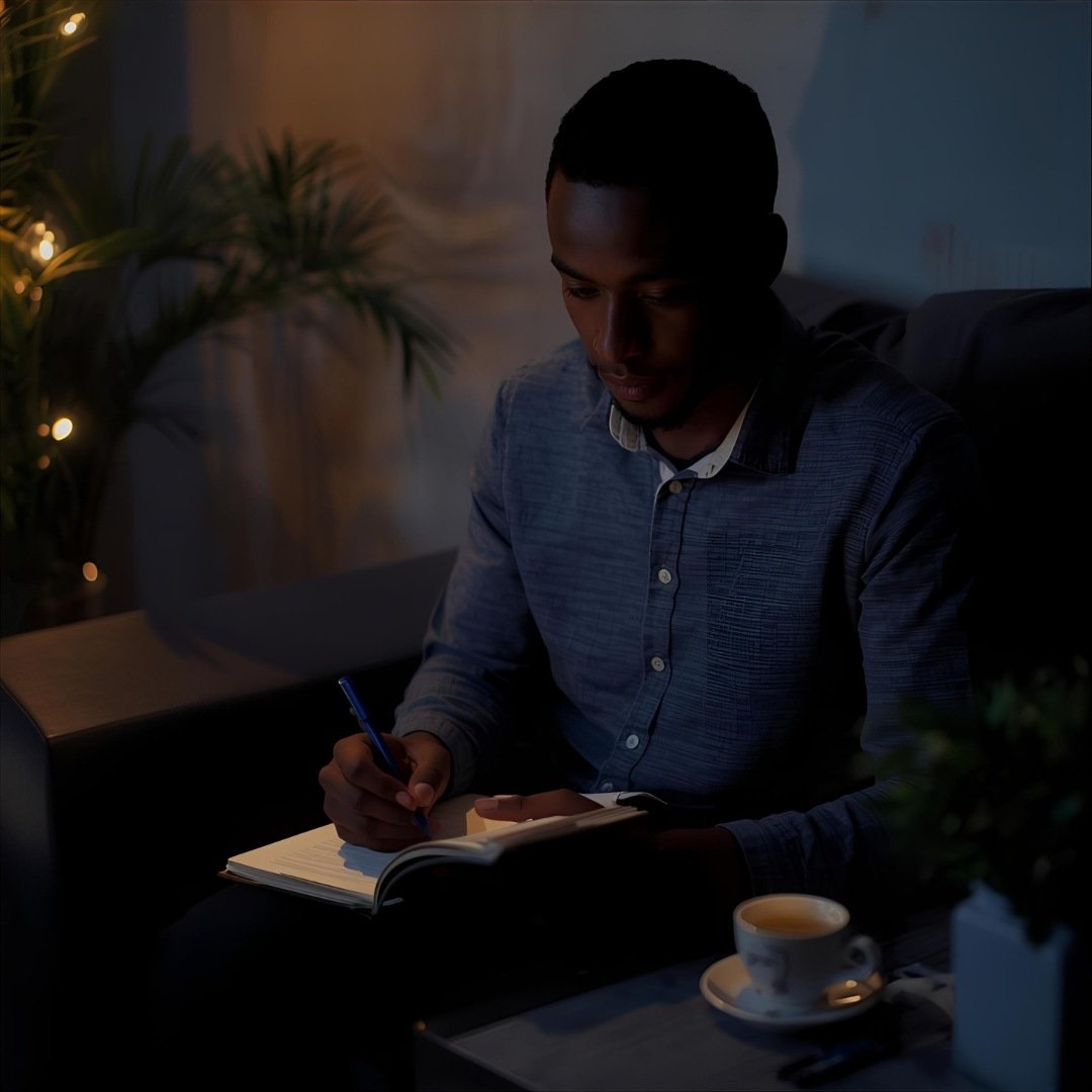 Person journaling or meditating at night with soft lighting Practicing mindfulness to manage late-night cravings and improve sleep.
