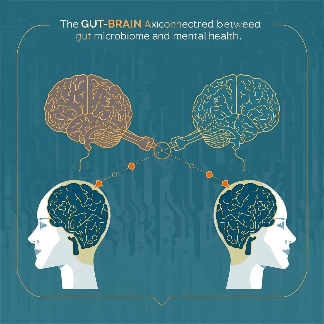 Stylized graphic illustration of the gut-brain axis, showing two heads connected by a pathway through the stomach area.  Stylized graphic illustration of the gut-brain axis, showing two heads connected by a pathway through the stomach area.  Gut-Brain Axis illustration connection between gut microbiome and mental health.